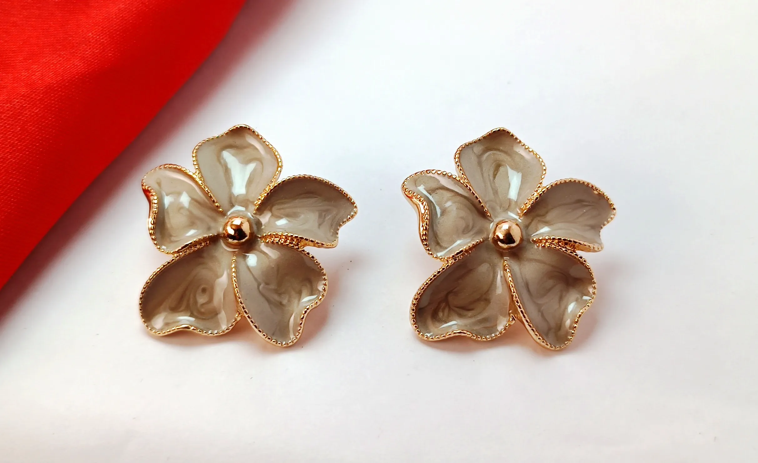 Golden Beige Floral Korean Stud Earrings